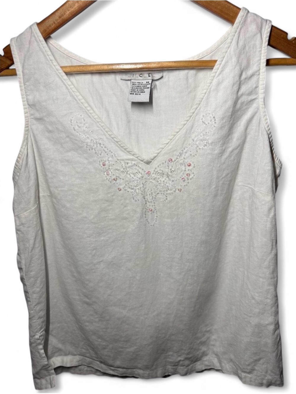 VTG I.C.E. Linen White Pink Beaded Tank Top Sleeveless Vacation Cottagecore Boho